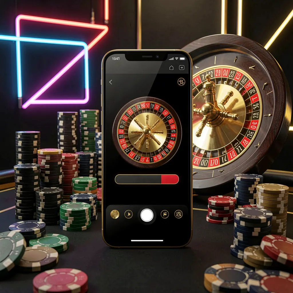 Mobile casino application scene featuring a phone in the center with a roulette wheel and poker chips in the background, glowing neon lights in premium black and gold style showcasing the 520DB brand