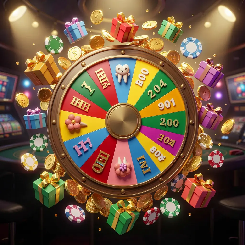 520DB online casino bonus wheel with colorful prize wheel surrounded by golden coins, chips, and gift boxes, glowing casino lights creating an exciting jackpot atmosphere on a dark background
