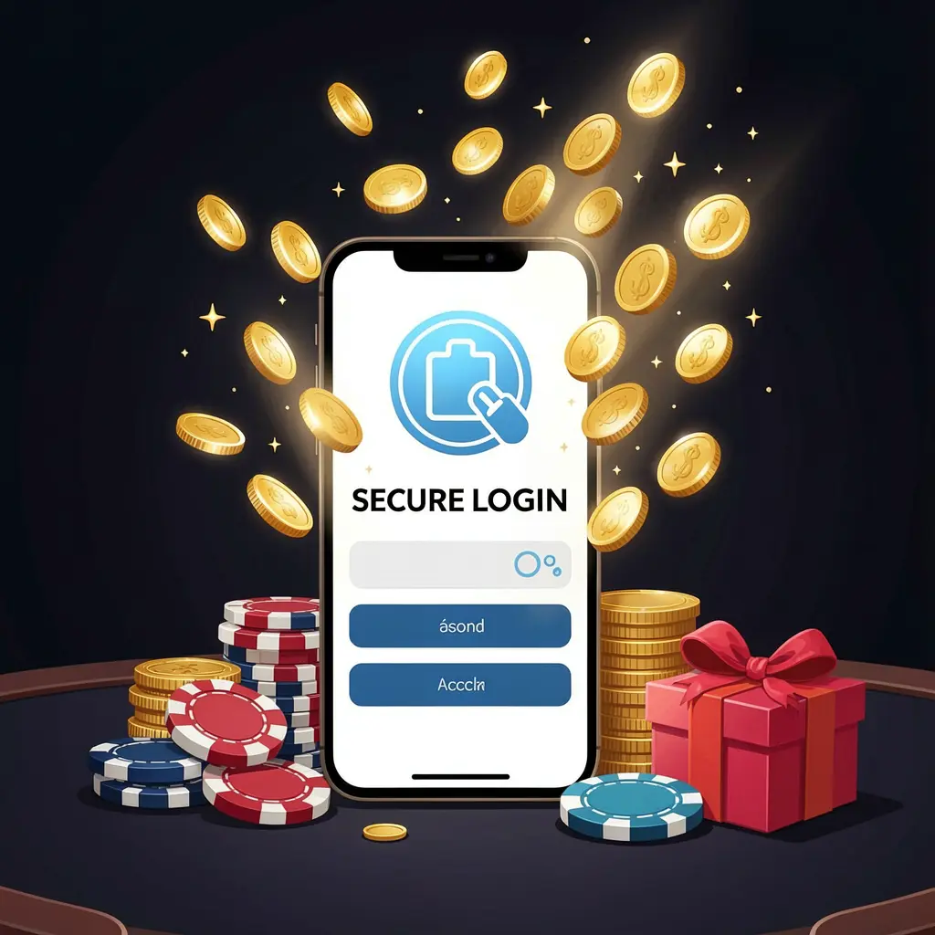 520DB casino user login illustration showing a phone with a secure access icon, golden coins bursting from the screen, poker chips and a gift box nearby on a dark premium background