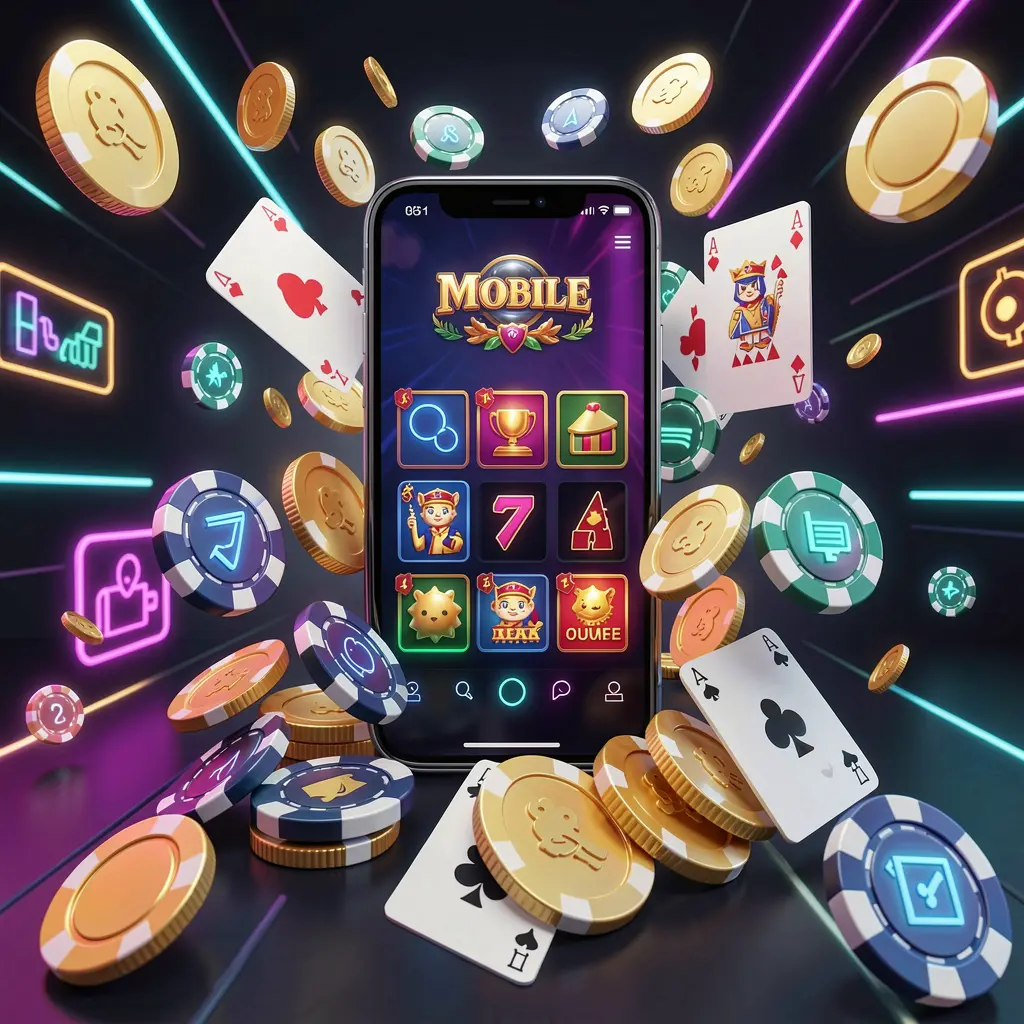 520DB mobile casino homepage concept featuring a smartphone surrounded by golden coins, chips, cards, and glowing icons on a modern dark background with neon accents